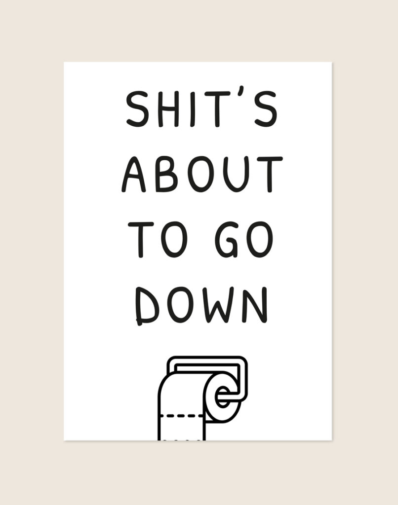 Minimalistische zwart-witte poster met de tekst SHIT'S ABOUT TO GO DOWN en een pictogram van een rol toiletpapier op een houder, sfeervol opgehangen aan een neutrale muur in een moderne toiletruimte.