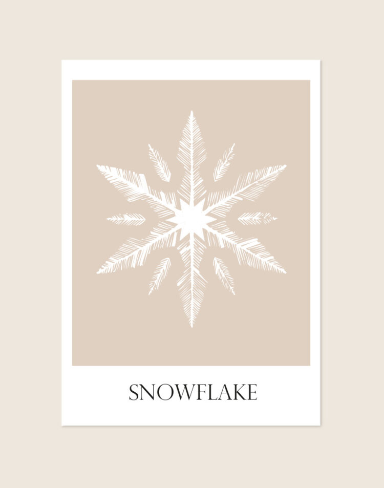 Een poster met een beige vlak in een brede witte rand. In het midden staat een gedetailleerde witte sneeuwvlok geïllustreerd en onderaan het beige vlak staat het woord 'SNOWFLAKE' in een zwarte, strakke schreefletter.