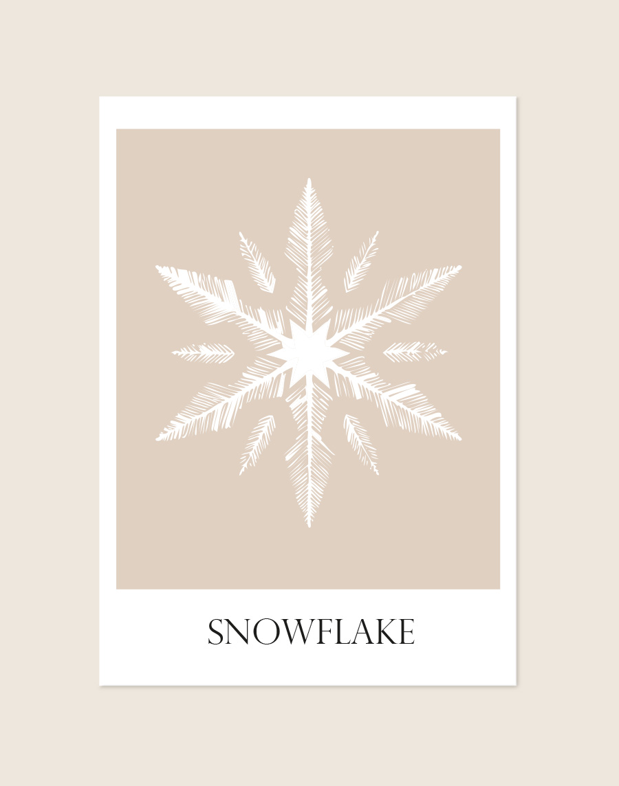 Een poster met een beige vlak in een brede witte rand. In het midden staat een gedetailleerde witte sneeuwvlok geïllustreerd en onderaan het beige vlak staat het woord 'SNOWFLAKE' in een zwarte, strakke schreefletter.