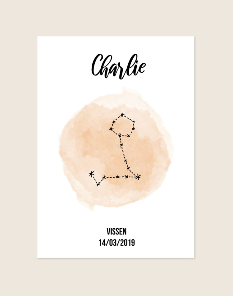 Een gepersonaliseerde poster met een helderwitte achtergrond. Bovenaan staat de naam "Charlie" in een sierlijk, zwart handgeschreven lettertype. In het midden prijkt een beige watercolor vlek met daaroverheen de zwarte sterrenconstellatie van Vissen. Onderaan staat de tekst "VISSEN" en de datum "14/03/2019" in een strak, modern zwart lettertype.