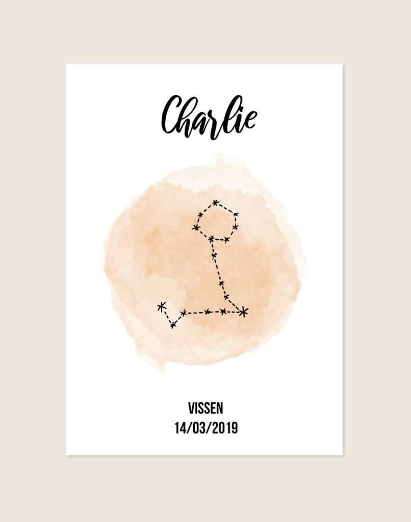 Een gepersonaliseerde poster met een helderwitte achtergrond. Bovenaan staat de naam "Charlie" in een sierlijk, zwart handgeschreven lettertype. In het midden prijkt een beige watercolor vlek met daaroverheen de zwarte sterrenconstellatie van Vissen. Onderaan staat de tekst "VISSEN" en de datum "14/03/2019" in een strak, modern zwart lettertype.