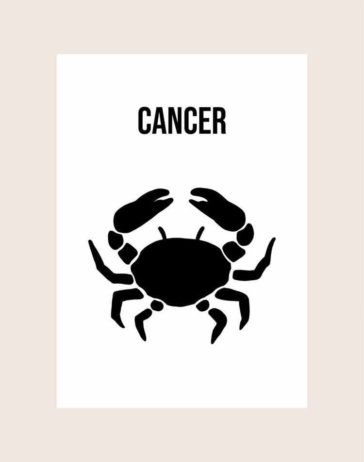 Een minimalistische poster op een witte achtergrond met een zwarte silhouet-illustratie van een kreeft. Onderaan staat in zwarte hoofdletters de tekst 'CANCER'.
