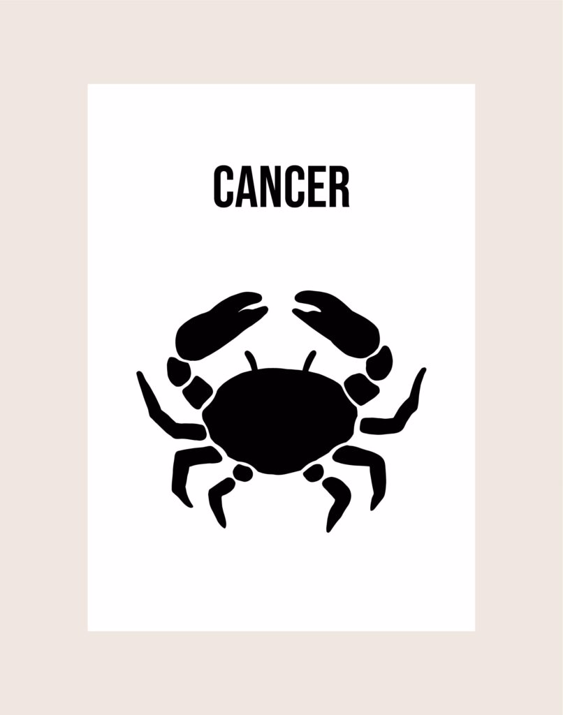 Een minimalistische poster op een witte achtergrond met een zwarte silhouet-illustratie van een kreeft. Onderaan staat in zwarte hoofdletters de tekst 'CANCER'.