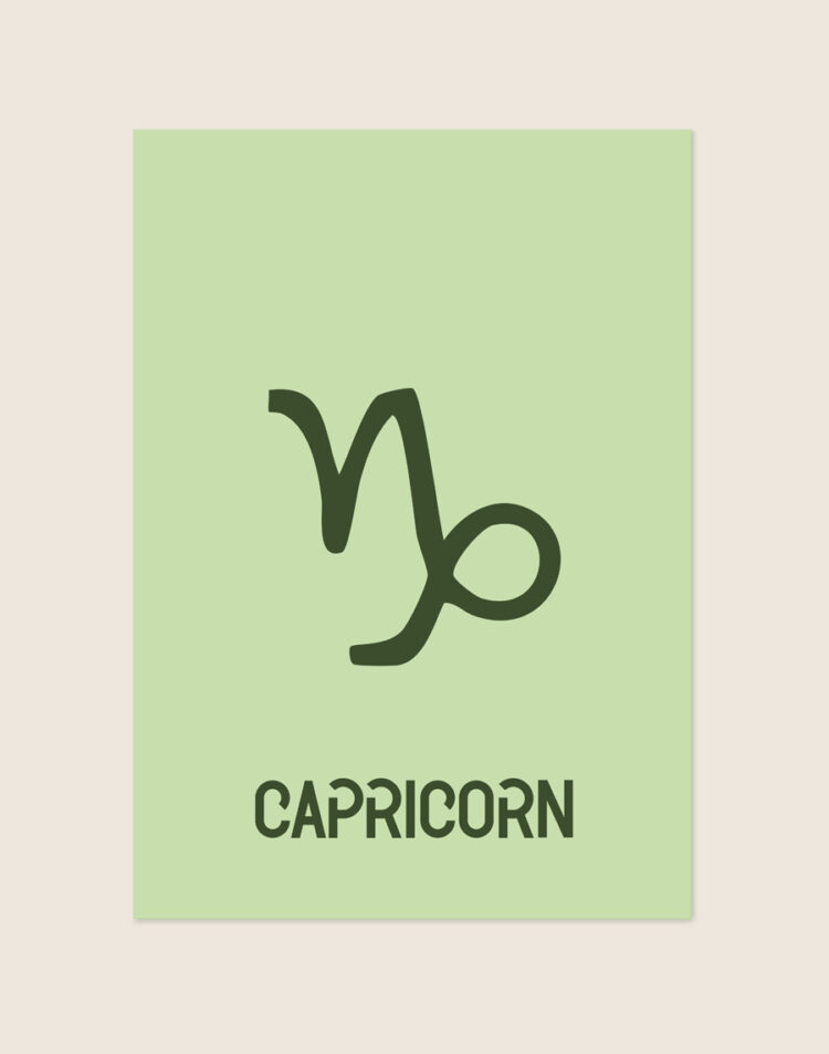 Twee voorbeelden van een minimalistische sterrenbeeld poster. "Sterrenbeeld eigen kleur 1.jpg" toont een lichtgroene achtergrond met een donkergroen symbool voor Capricorn (Steenbok). "Sterrenbeeld eigen kleur 2.jpg" toont een beige achtergrond met een crèmekleurig symbool voor Pisces (Vissen).