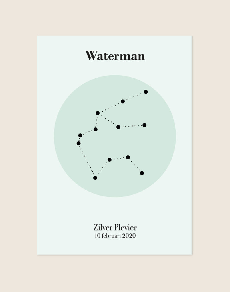 Een gepersonaliseerde poster met een hele lichte, zachtgroene achtergrond. In het midden staat een zachte pastelgroene cirkel met daarin een minimalistische zwarte sterrenconstellatie van Waterman. Bovenaan staat het woord "Waterman" in een strak, zwart serif lettertype. Onderaan de poster staat de naam "Zilver Plevier" met daaronder de datum "10 februari 2020".