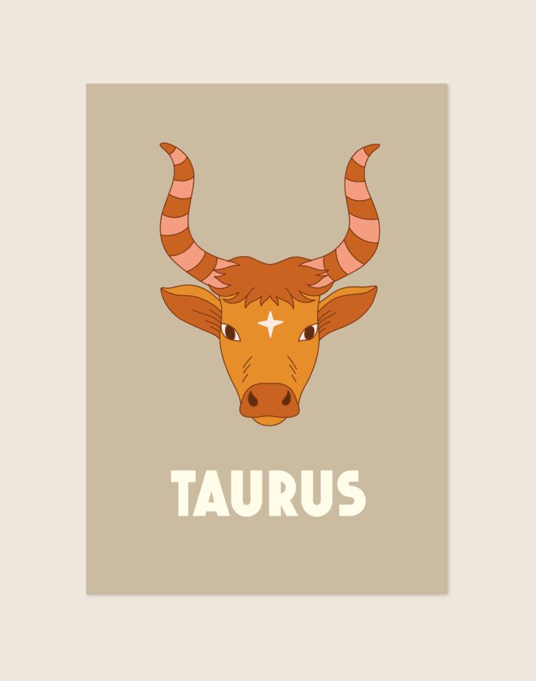 Twee voorbeelden van een beige poster met een astrologische illustratie in oranje en bruine retro tinten. De ene toont een stier voor Taurus, de andere een weegschaal voor Libra, beide met de bijbehorende naam in dikke crèmekleurige letters.
