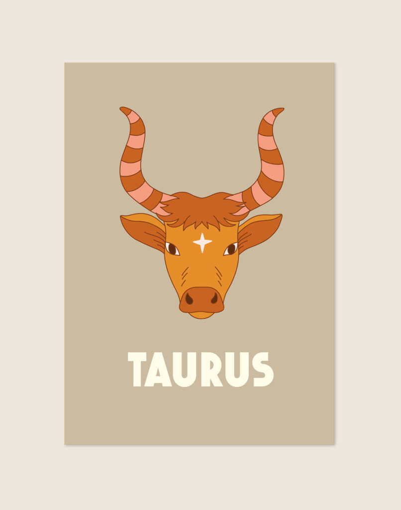 Twee voorbeelden van een beige poster met een astrologische illustratie in oranje en bruine retro tinten. De ene toont een stier voor Taurus, de andere een weegschaal voor Libra, beide met de bijbehorende naam in dikke crèmekleurige letters.