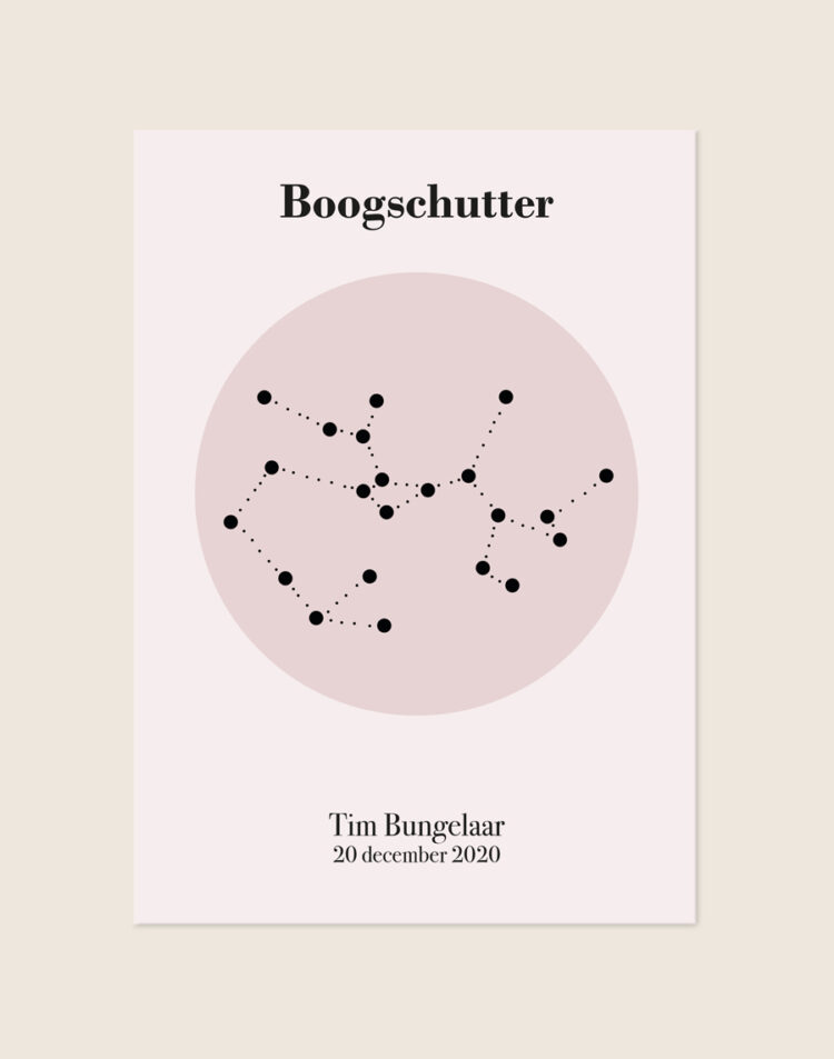 Een gepersonaliseerde poster met een hele lichte, zachtroze achtergrond. In het midden staat een oudroze cirkel met daarin een minimalistische zwarte sterrenconstellatie van Boogschutter. Bovenaan staat het woord "Boogschutter" in een strak, zwart serif lettertype. Onderaan de poster staat de naam "Tim Bungelaar" met daaronder de datum "20 december 2020".
