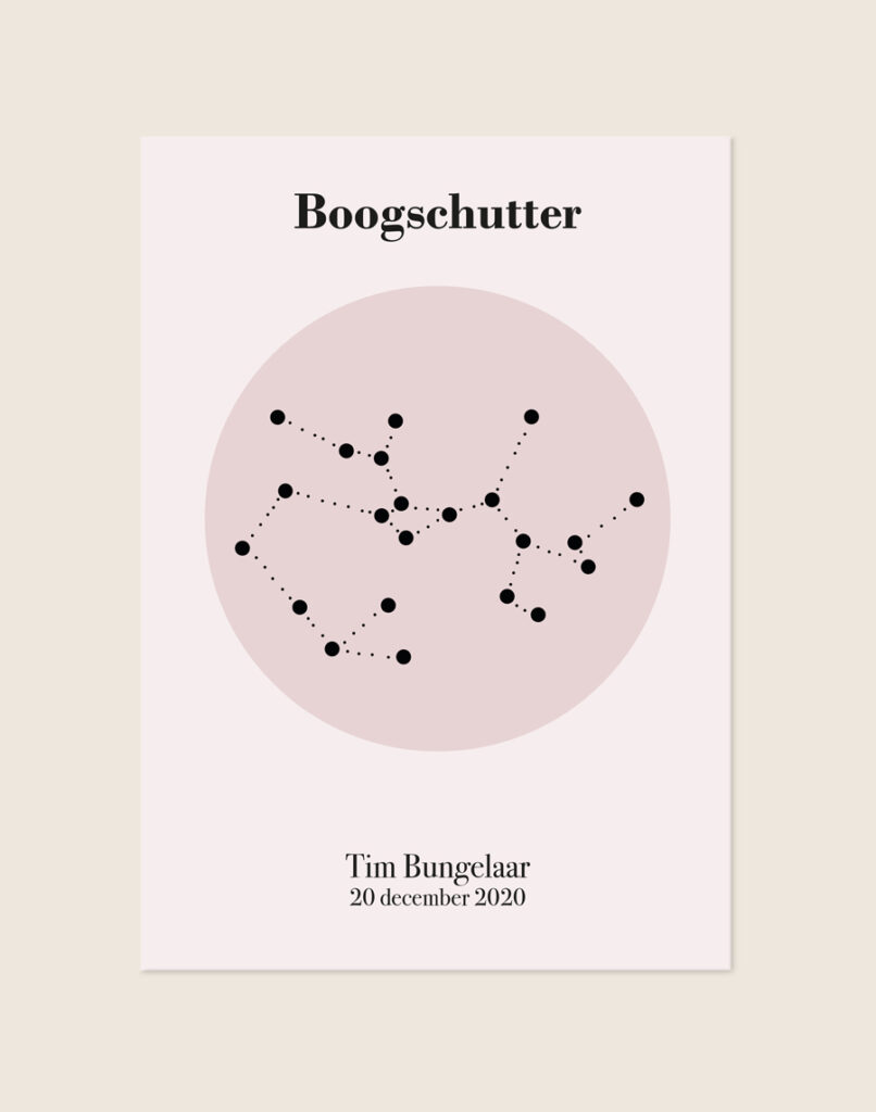 Een gepersonaliseerde poster met een hele lichte, zachtroze achtergrond. In het midden staat een oudroze cirkel met daarin een minimalistische zwarte sterrenconstellatie van Boogschutter. Bovenaan staat het woord "Boogschutter" in een strak, zwart serif lettertype. Onderaan de poster staat de naam "Tim Bungelaar" met daaronder de datum "20 december 2020".