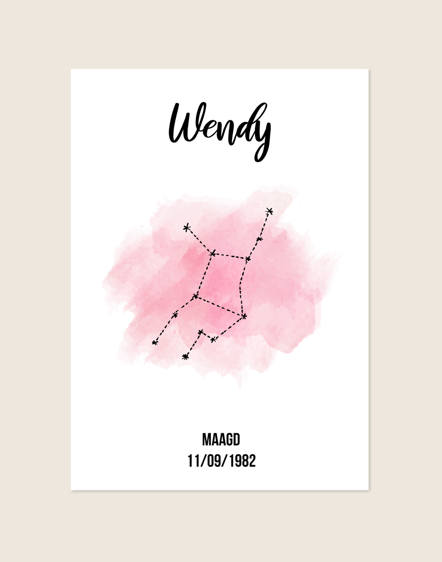 Een gepersonaliseerde poster met een helderwitte achtergrond. Bovenaan staat de naam "Wendy" in een sierlijk, zwart handgeschreven lettertype. In het midden prijkt een zachtroze watercolor vlek met daaroverheen de zwarte sterrenconstellatie van de Maagd. Onderaan staat de tekst "MAAGD" en de datum "11/09/1982" in een strak, modern zwart lettertype.