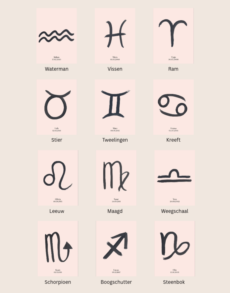 Een gepersonaliseerde poster met een poederroze achtergrond en het astrologische symbool voor Boogschutter in zwarte waterverf.