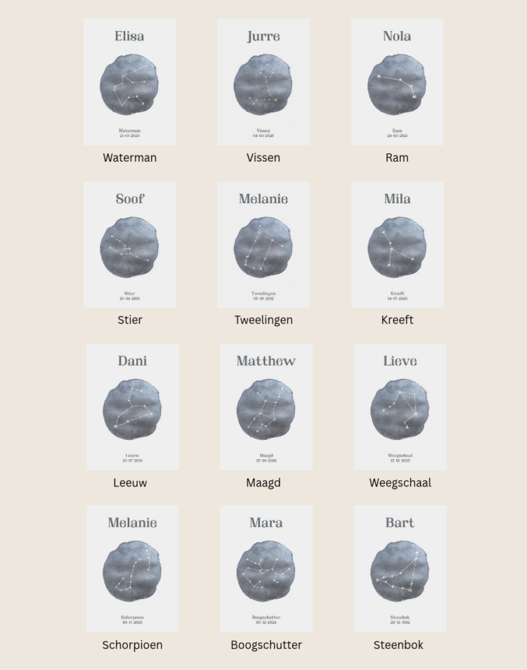 Een overzicht van twaalf gepersonaliseerde sterrenbeeld posters op een lichtgrijze achtergrond, elk met een ronde zilveren aquarel vlek, een specifiek sterrenbeeld, een eigen naam en geboortedatum.