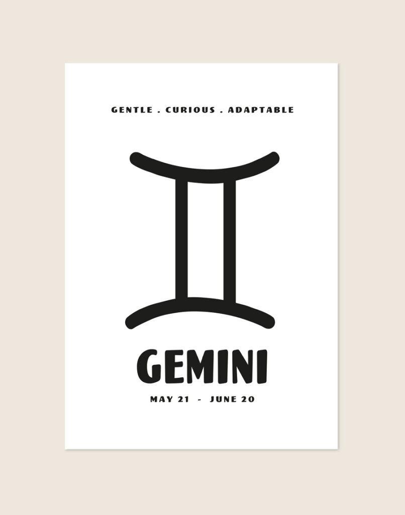 Een minimalistische witte poster met zwarte bedrukking. Bovenaan staan drie Engelse karaktereigenschappen. Centraal staat het symbool voor Tweelingen, met daaronder het woord 'GEMINI' in dikke letters en de geboortedata.