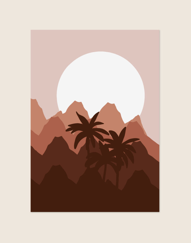 Minimalistische landschapsposter met silhouetten van bergen en palmbomen bij zonsondergang in terracotta, roze en donkerbruine aardetinten.