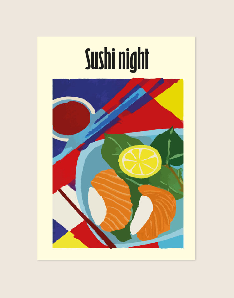 Stijlvolle artistieke poster met de tekst Sushi Night, sfeervol opgehangen aan een neutrale muur in een moderne eetkamer.