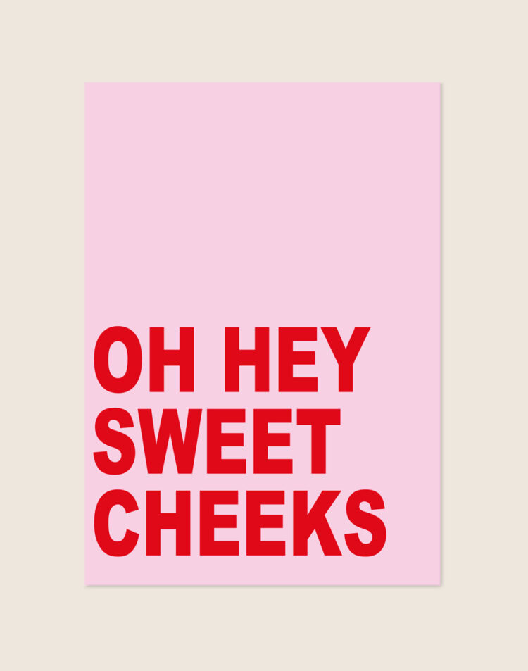 Stijlvolle roze typografische poster met felrode tekst Oh Hey Sweet Cheeks, sfeervol opgehangen aan een neutrale muur in een moderne toiletruimte.