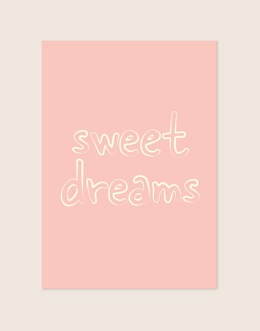Lieve poederroze poster met speelse zachtgele handgeschreven contourletters met de tekst 'sweet dreams' in het midden.