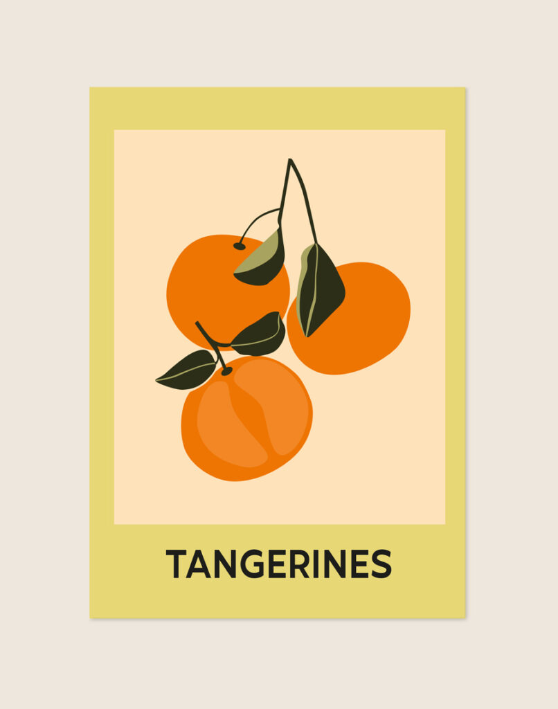 Stijlvolle artistieke poster met een afbeelding van rijpe mandarijnen (Tangerines), sfeervol opgehangen aan een neutrale muur in een lichte keuken.