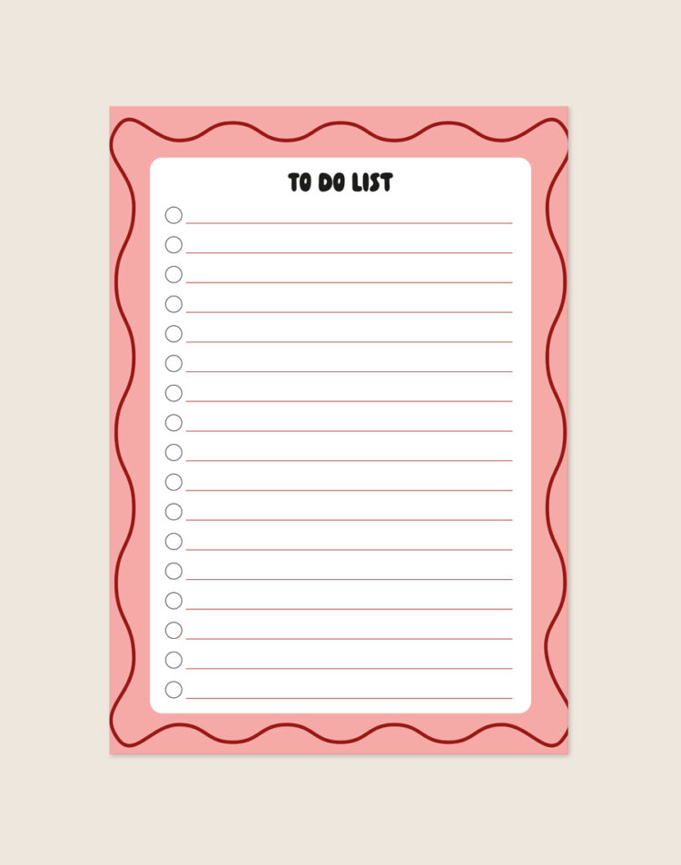 Een roze invulposter met een donkerrode golvende rand. In het midden bevindt zich een wit vlak met de zwarte tekst 'TO DO LIST', rode invullijntjes en lege afvinkrondjes. Afbeelding: To do list pink.jpg.
