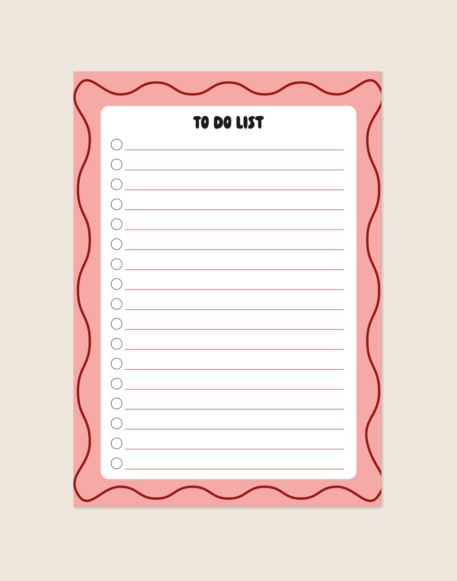 Een roze invulposter met een donkerrode golvende rand. In het midden bevindt zich een wit vlak met de zwarte tekst 'TO DO LIST', rode invullijntjes en lege afvinkrondjes. Afbeelding: To do list pink.jpg.