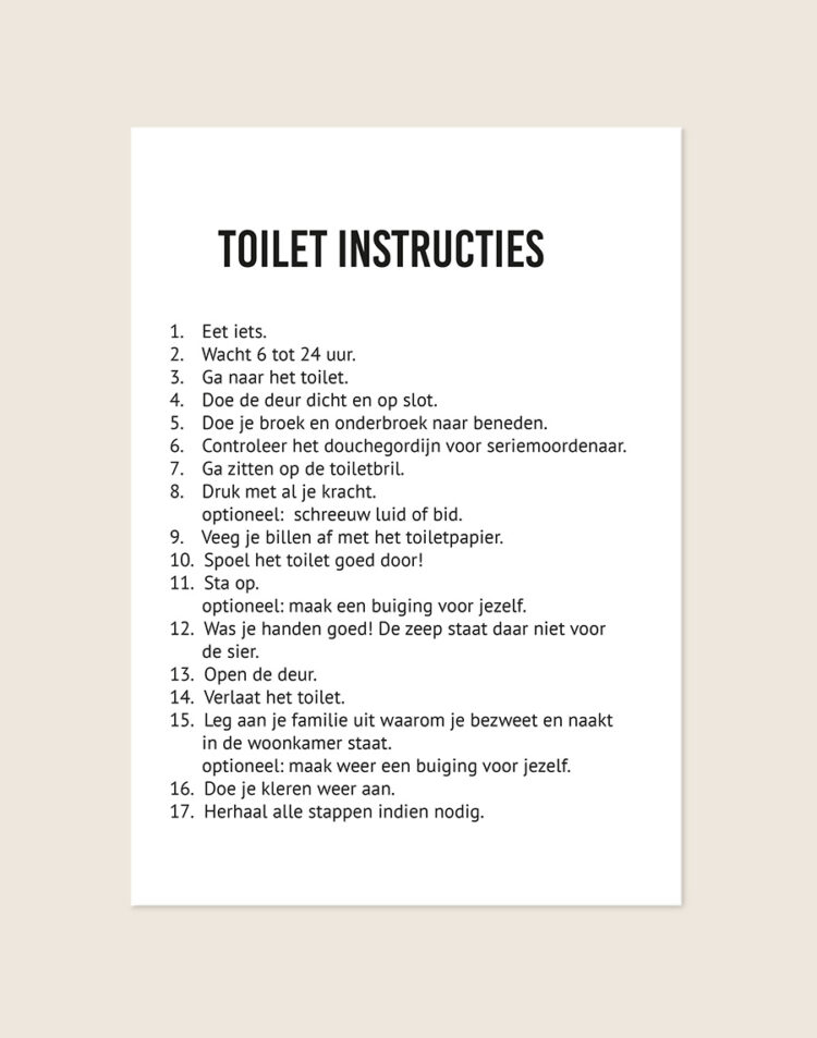 Humoristische WC Poster Toilet instructies met een grappig 17-stappenplan in zwarte typografie op een helderwitte achtergrond, sfeervol opgehangen in een ruimte.