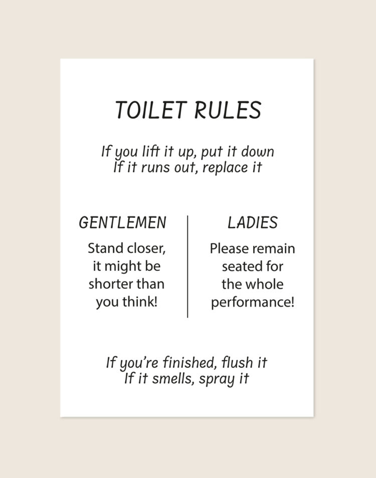 Minimalistische zwart-witte poster met de titel TOILET RULES en grappige regels voor heren en dames, sfeervol opgehangen aan een neutrale muur in een moderne toiletruimte.