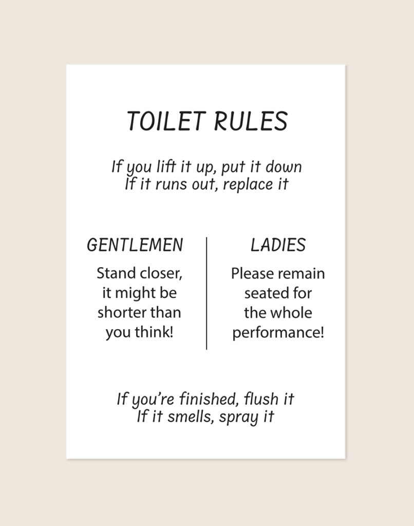 Minimalistische zwart-witte poster met de titel TOILET RULES en grappige regels voor heren en dames, sfeervol opgehangen aan een neutrale muur in een moderne toiletruimte.