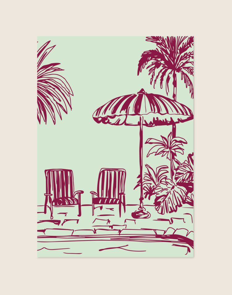 Sfeervolle zomerse poster met een bordeauxrode lijntekening van ligstoelen, een parasol en palmbomen op een lichtgroene achtergrond, sfeervol opgehangen in een licht interieur.