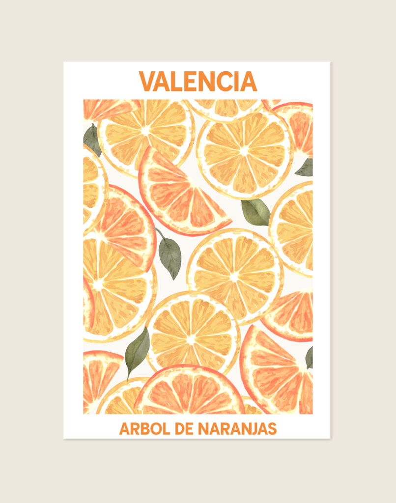Stijlvolle artistieke stedenposter van Valencia, sfeervol opgehangen aan een neutrale muur in een modern interieur.