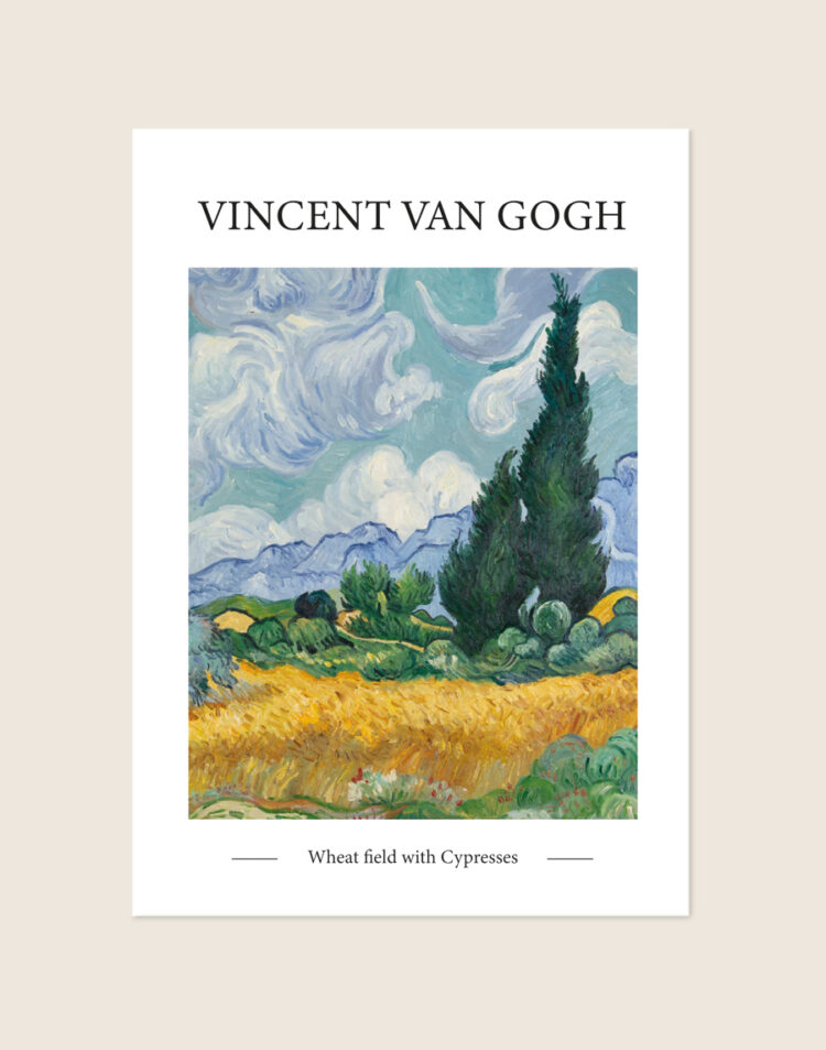 Klassieke poster van het schilderij Wheat field with Cypresses van Vincent van Gogh met een gouden korenveld en wervelende lucht, sfeervol opgehangen in een woonkamer.