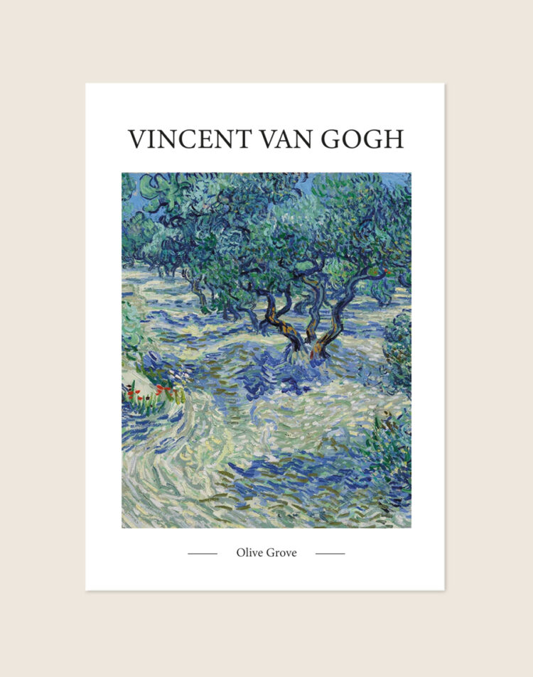 Klassieke poster van het schilderij Olive Grove van Vincent van Gogh met ritmisch geschilderde olijfbomen, sfeervol opgehangen in een woonkamer.