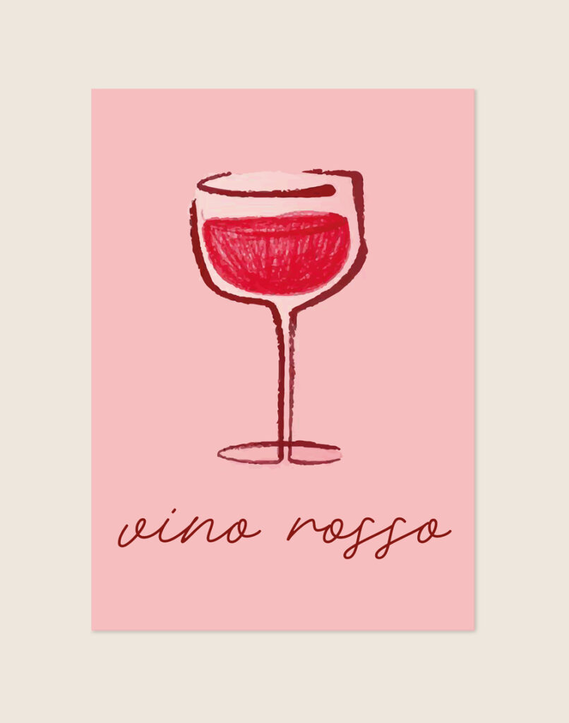 Stijlvolle typografische poster met de tekst Vino rosso, sfeervol opgehangen boven een dressoir met wijnglazen in een warme, moderne eetkamer.