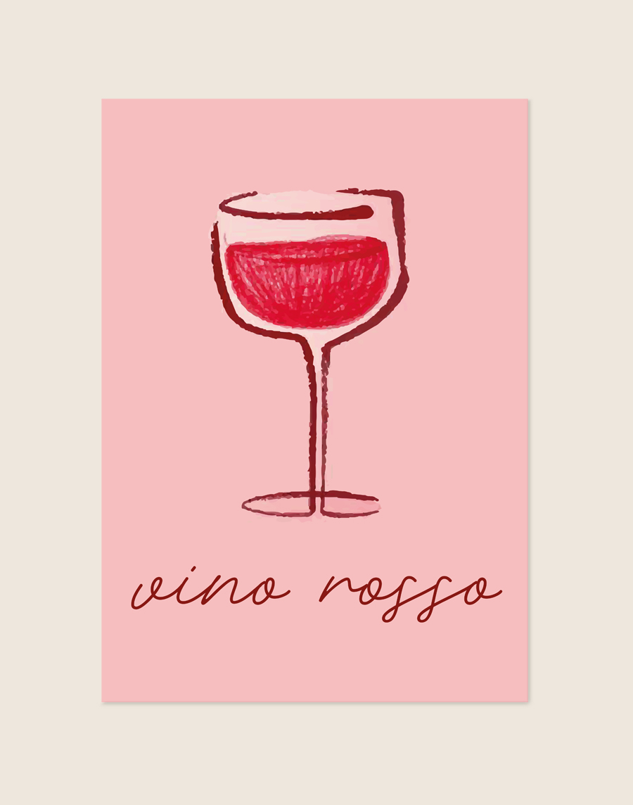 Stijlvolle typografische poster met de tekst Vino rosso, sfeervol opgehangen boven een dressoir met wijnglazen in een warme, moderne eetkamer.