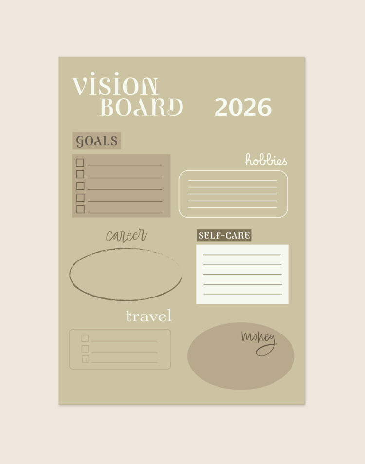 Een beige invulposter met de witte tekst 'VISION BOARD 2026'. De poster bevat zes verschillende invulvlakken en vormen voor 'GOALS', 'hobbies', 'career', 'SELF-CARE', 'travel' en 'money', voorzien van lijntjes en afvinkvakjes. Afbeelding: Vision board.jpg.