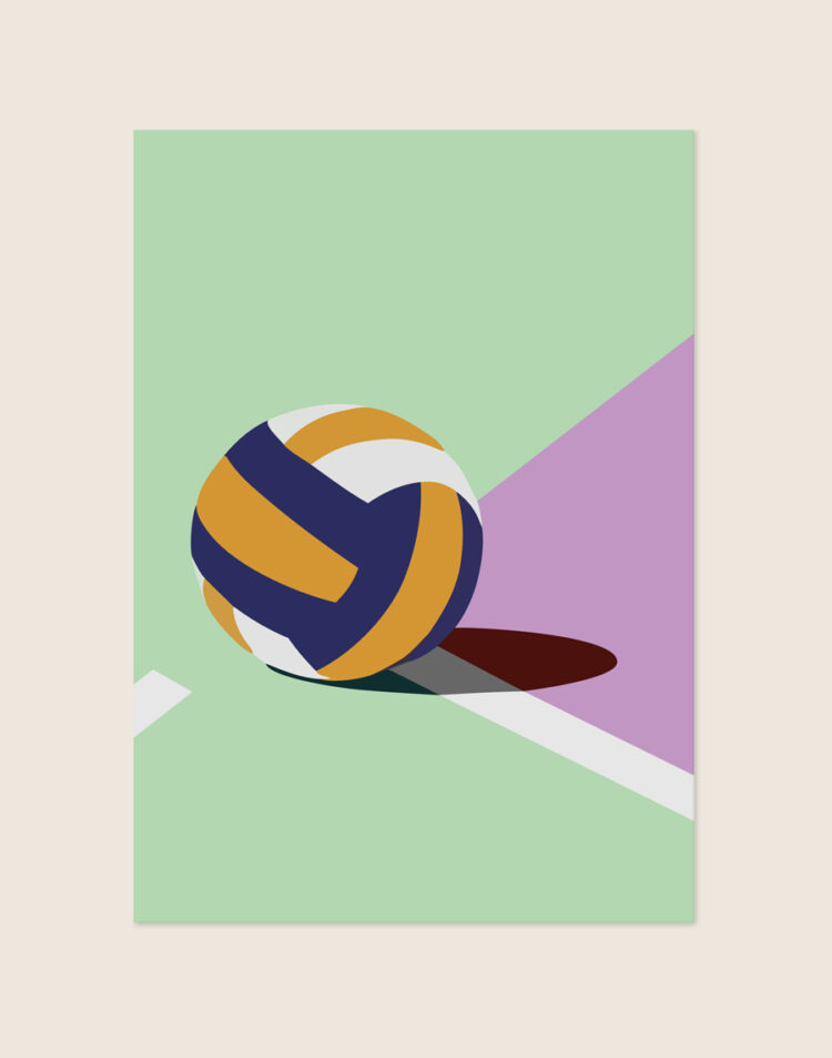Een grafische, minimalistische poster van een blauw, geel en witte volleybal op een abstract sportveld in mintgroene en lila pastelkleuren met strakke witte lijnen.