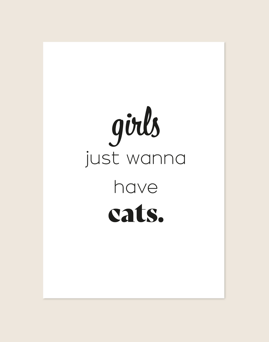 Witte minimalistische poster met de zwarte, grappige tekst 'girls just wanna have cats.' geschreven in een speelse mix van verschillende lettertypes.