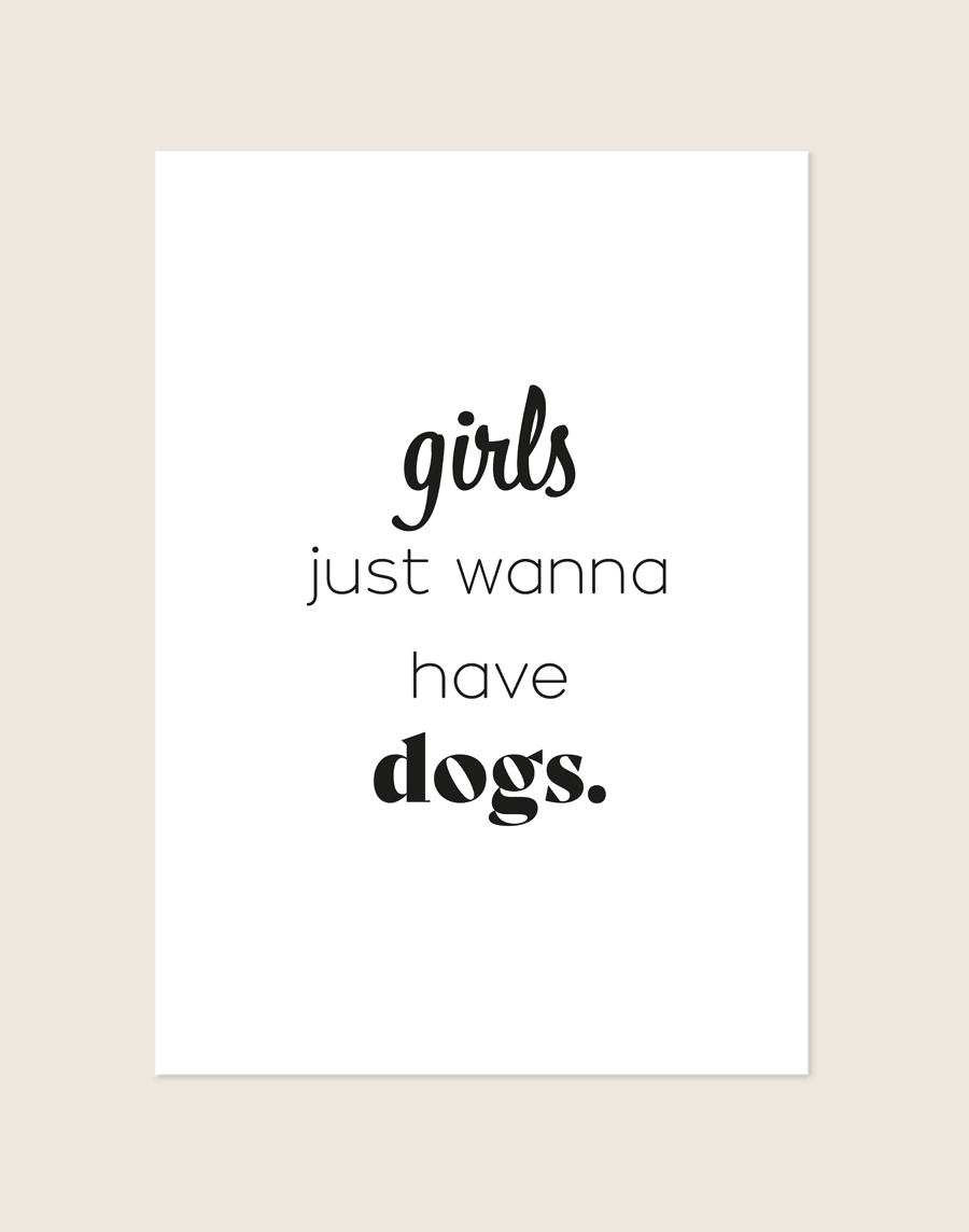 Witte minimalistische poster met de zwarte, grappige tekst 'girls just wanna have dogs.' geschreven in een speelse mix van verschillende lettertypes.
