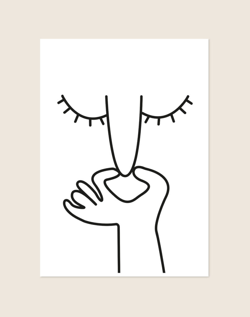 Minimalistische zwart-witte poster met een line-art illustratie van een gezicht met gesloten ogen dat de neus dichtknijpt, sfeervol opgehangen aan een neutrale muur in een moderne toiletruimte.