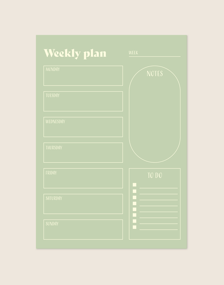 Een lichtgroene invulposter met in de hoek de crèmekleurige tekst 'Weekly plan'. De poster bevat rechthoekige vakken voor alle dagen van de week, een ovale ruimte voor 'NOTES' en een vak met afvinklijntjes voor 'TO DO'.