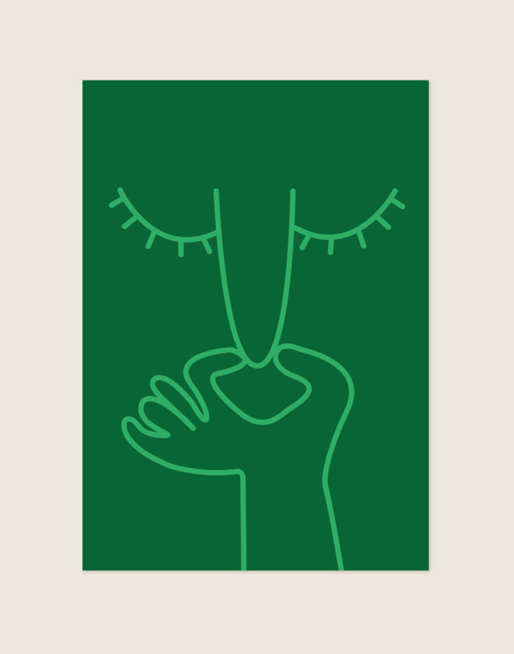 Minimalistische donkergroene poster met lichtgroene line-art illustratie van een dichtgeknepen neus en gesloten ogen, sfeervol opgehangen aan een neutrale muur in een moderne toiletruimte.