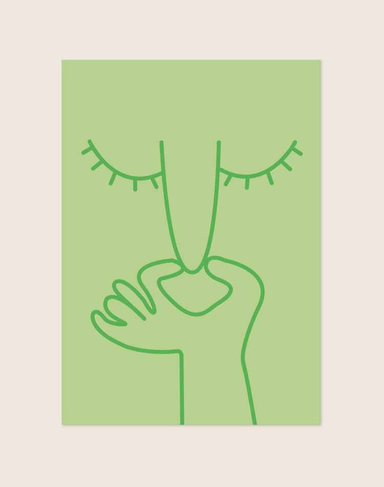Minimalistische lichtgroene poster met donkergroene line-art illustratie van een dichtgeknepen neus en gesloten ogen, sfeervol opgehangen aan een neutrale muur in een moderne toiletruimte.