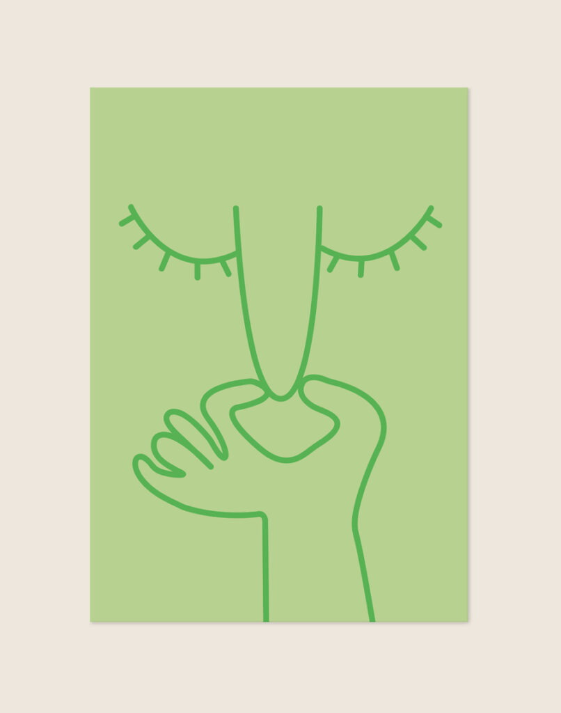 Minimalistische lichtgroene poster met donkergroene line-art illustratie van een dichtgeknepen neus en gesloten ogen, sfeervol opgehangen aan een neutrale muur in een moderne toiletruimte.