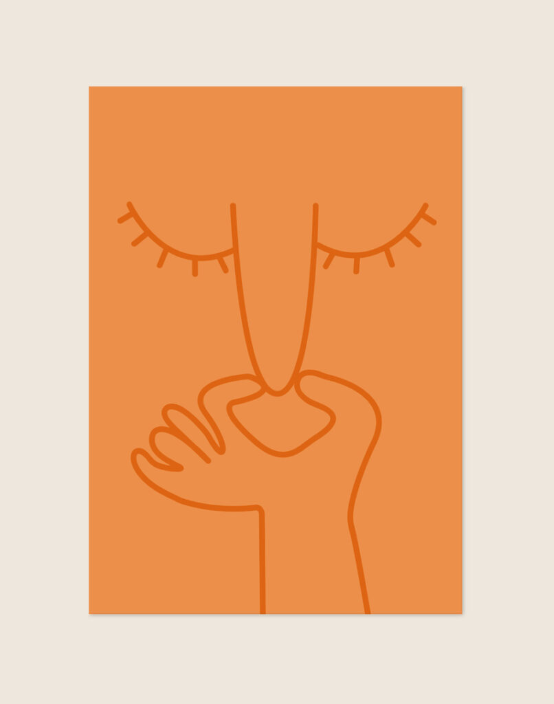 Minimalistische oranje poster met oranje line-art illustratie van een dichtgeknepen neus en gesloten ogen, sfeervol opgehangen aan een neutrale muur in een moderne toiletruimte.