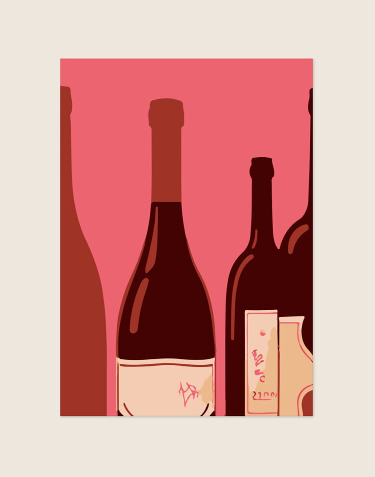 Stijlvolle poster geïnspireerd op roséwijn in zachtroze tinten, sfeervol opgehangen boven een barcart met glazen in een moderne eethoek.
