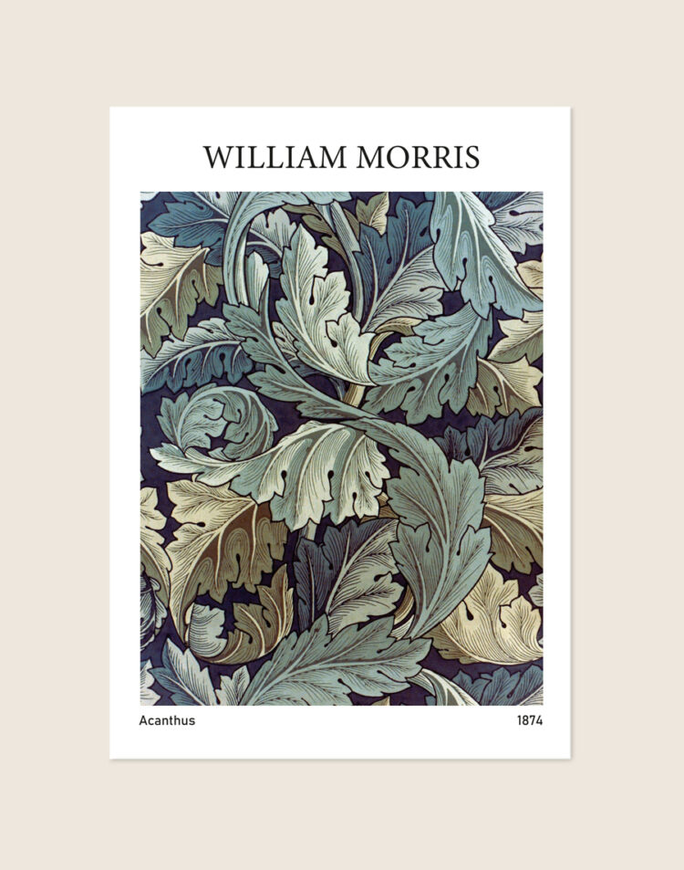 Vintage botanische poster van het weelderige William Morris Acanthus patroon met krullende bladeren, sfeervol opgehangen in een interieur.