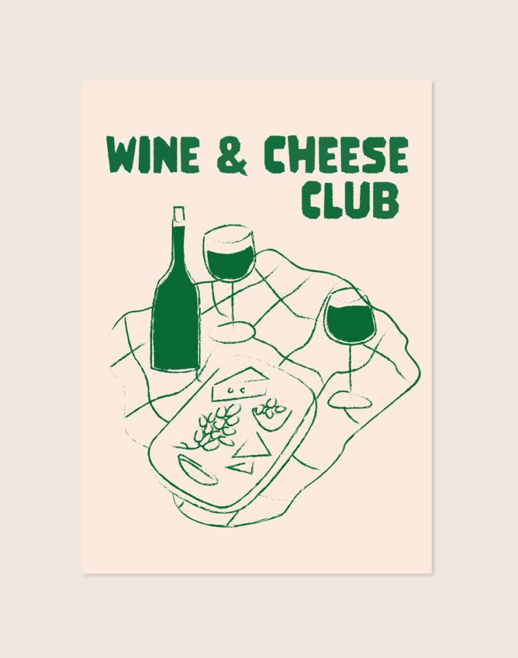 Stijlvolle poster met de tekst Wine club in verfijnde typografie, sfeervol opgehangen boven een dressoir met wijnglazen in een moderne eetkamer.