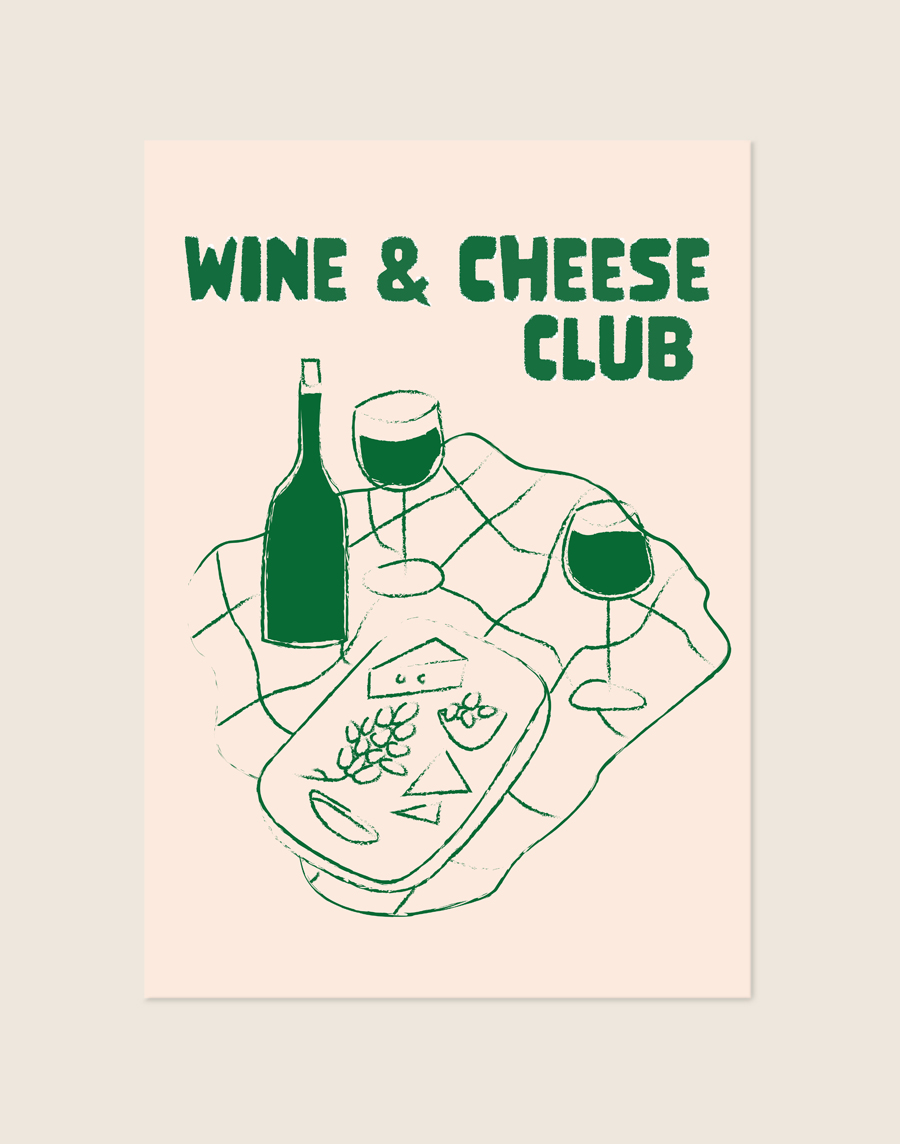 Stijlvolle poster met de tekst Wine club in verfijnde typografie, sfeervol opgehangen boven een dressoir met wijnglazen in een moderne eetkamer.