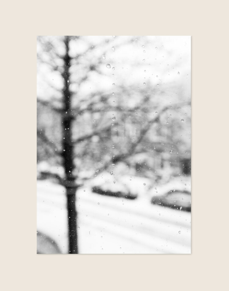 Moderne poster van een macrofoto met heldere winterse waterdruppels op een takje, sfeervol opgehangen in een minimalistisch interieur.