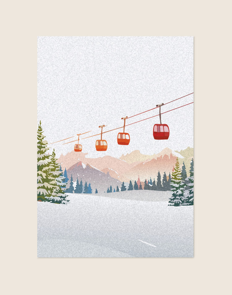 Een nostalgische vintage-stijl poster met vier rode gondellift-cabines die over een besneeuwd Alpenlandschap met bergen en dennenbomen bewegen, sfeervol opgehangen in een woonkamer.