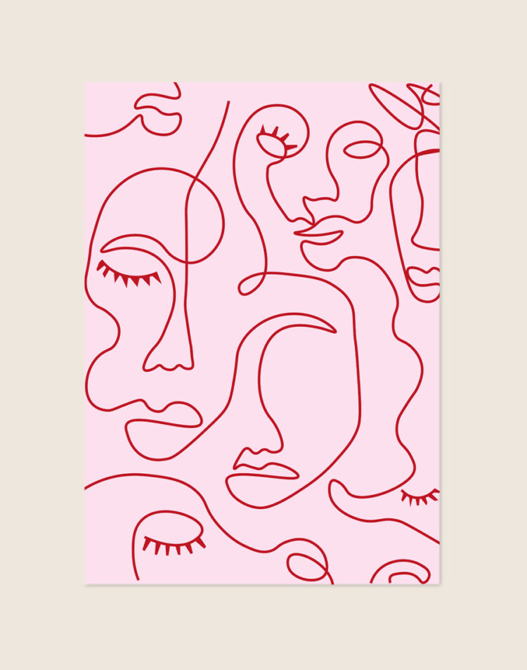 Minimalistische poster met rode lijnkunst van diverse abstracte vrouwengezichten met wimpers tegen een zachtroze achtergrond.